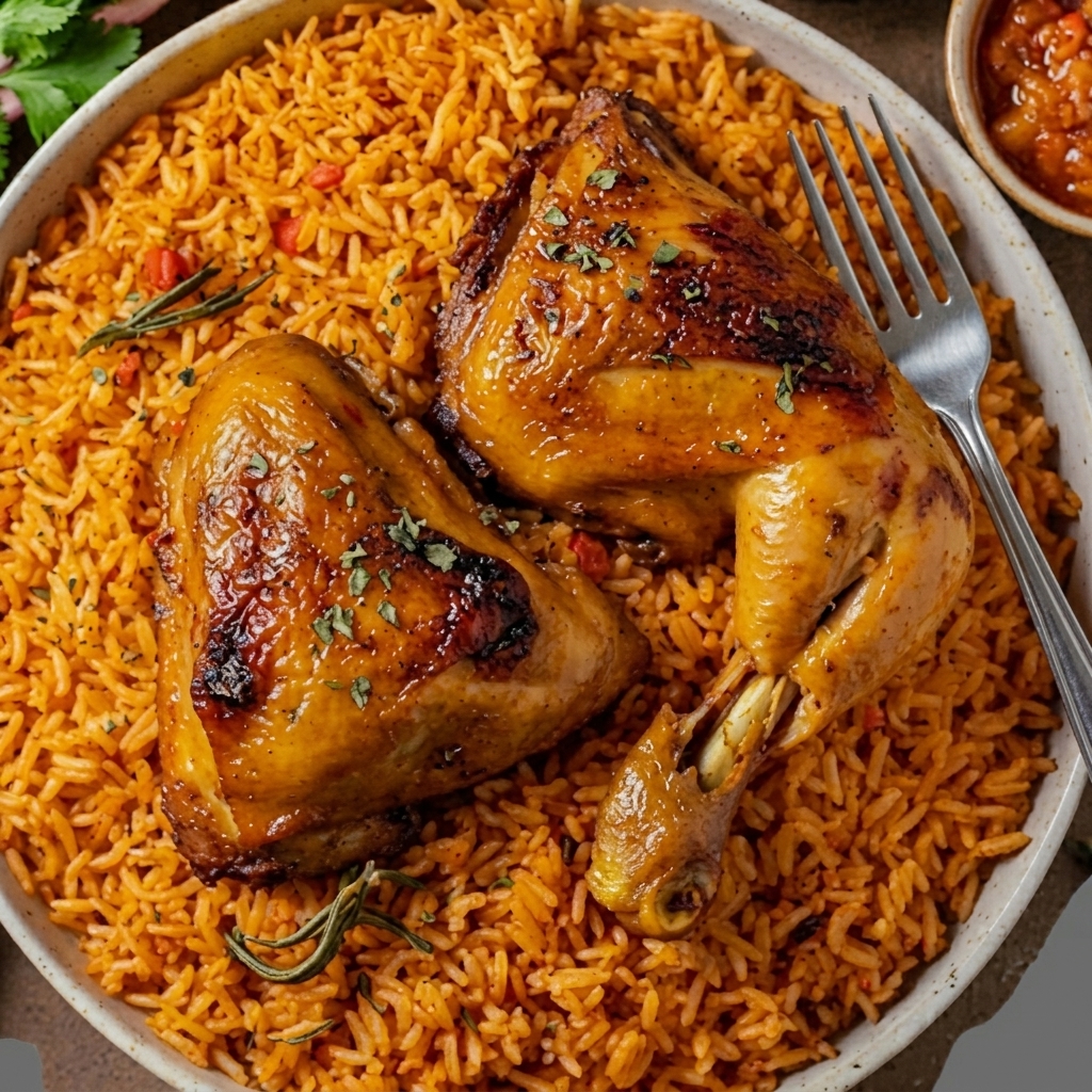 Smoky Nigerian party jollof rice with chicken for events in Gwinnett County and metro Atlanta