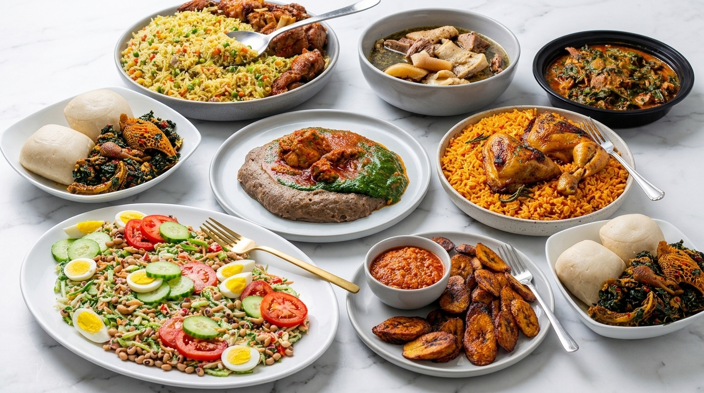 Nigerian party catering spread with jollof rice, fried rice, suya, plantain and puff puff for events in Georgia