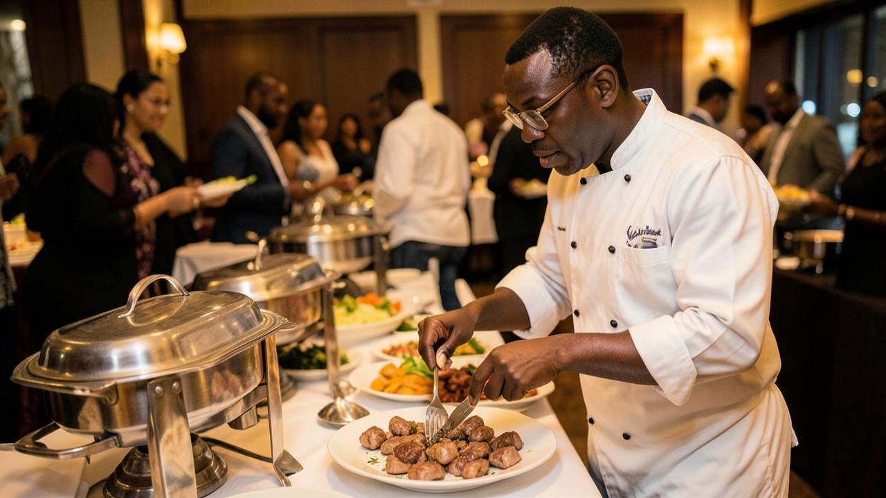 Professional Nigerian caterer serving small chops at an event buffet in Georgia
