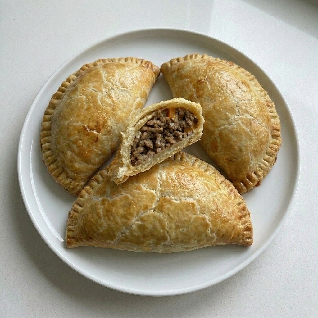 Nigerian chicken pie with flaky golden crust on a plate